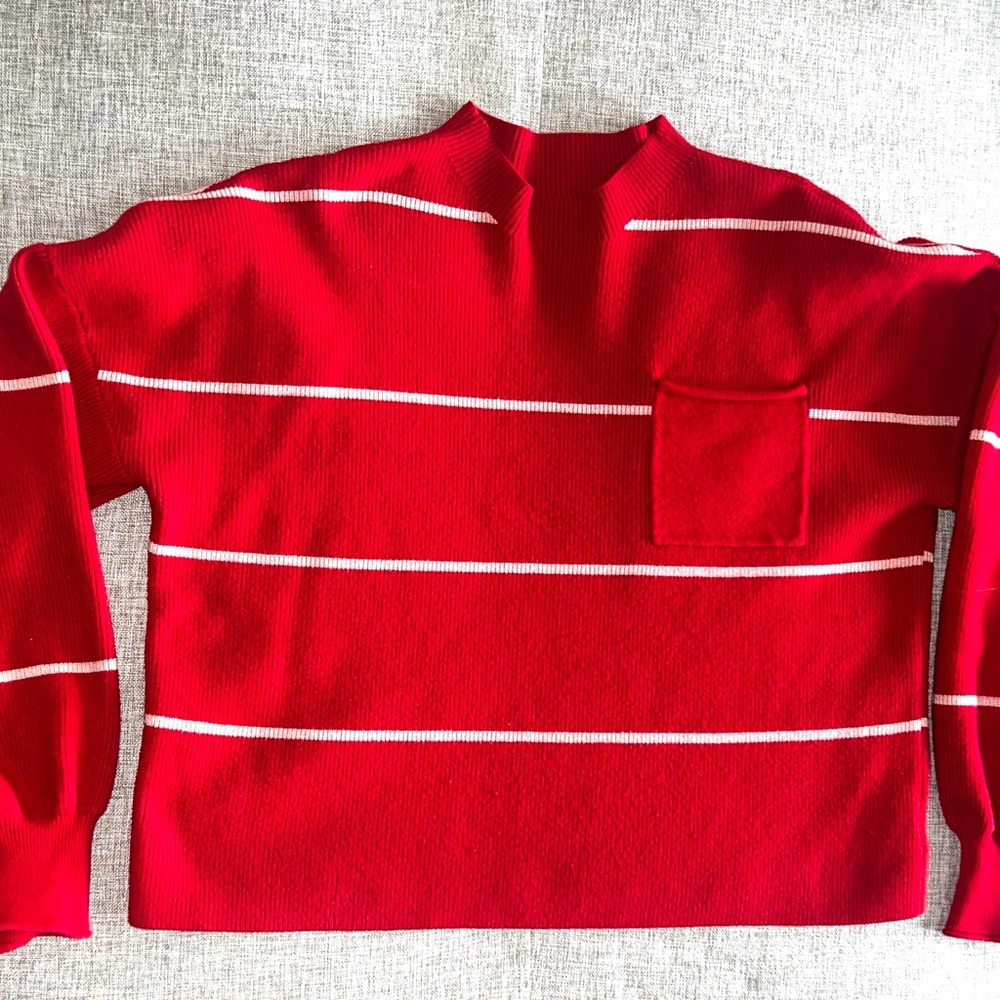Women's Red Striped Turtleneck Sweater with Chest Pocket